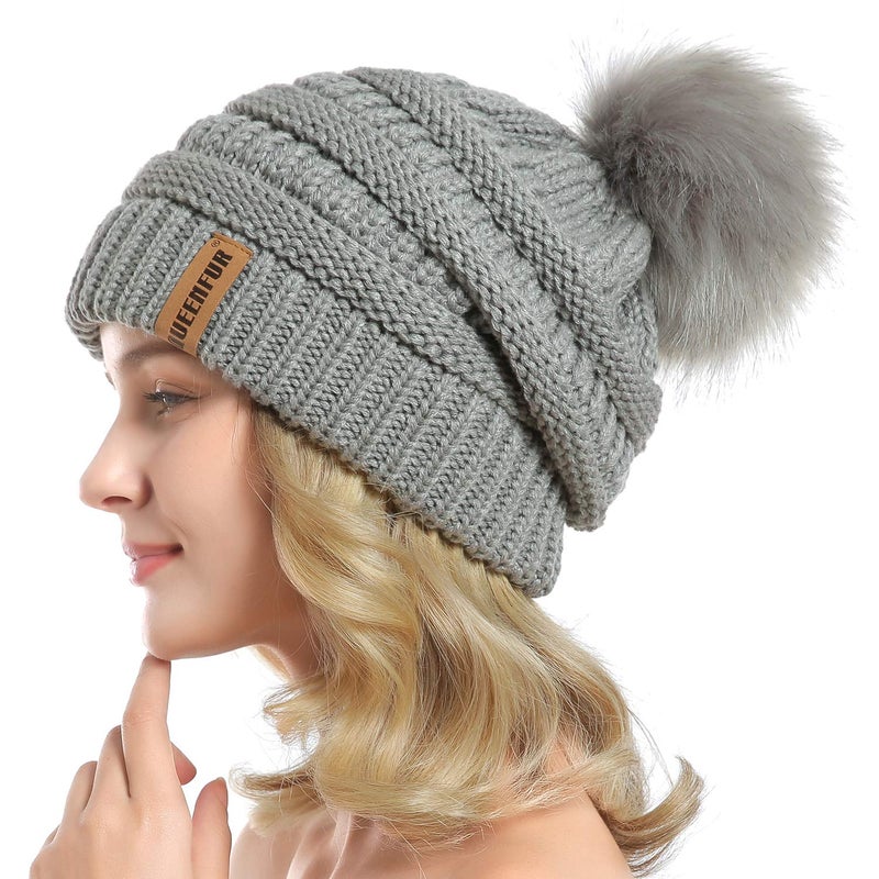 QUEENFUR Women Knit Slouchy Beanie Chunky Baggy Hat with Faux Fur Pompom Winter Soft Warm Ski Cap - Image 3